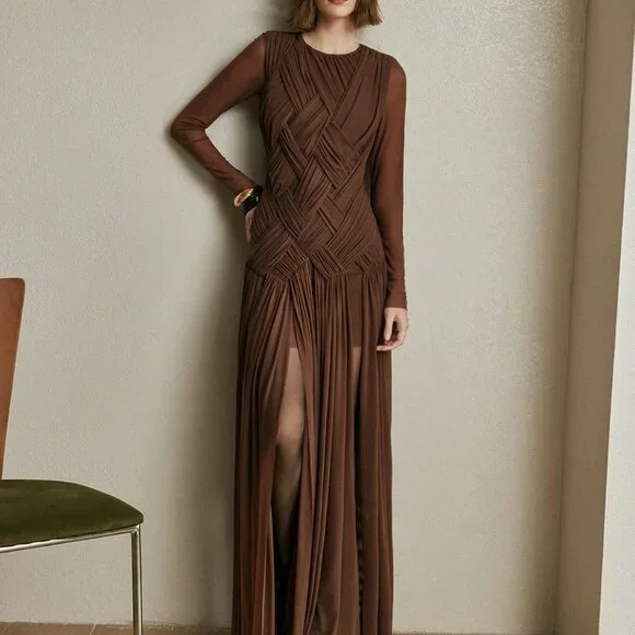Coffee Brown Elegant Women's Long Dress - Picture 6 of 8